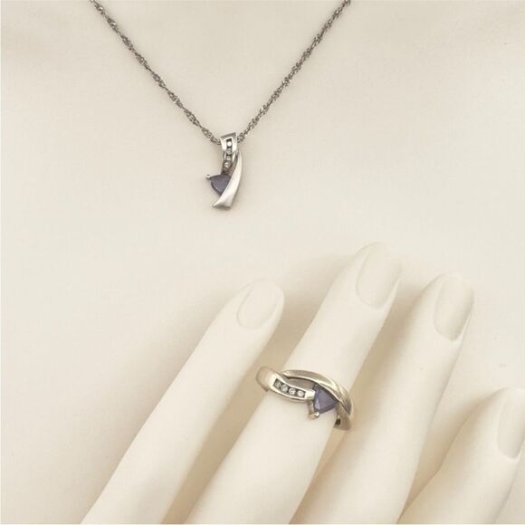 10K Two Tone White Gold Diamond & Tanzanite Ring & Pendant Set .04 ctw 3.6 - Picture 3 of 12